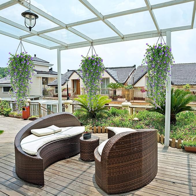 SJL Hanging Greenery 4pcs Realistic Artificial Plants Indoor Artificial Hanging Plants Outdoor Fake Eucalyptus Faux Ivy Plastic Flowers Leaves Decor for Bedroom Porch Wall (Purple)