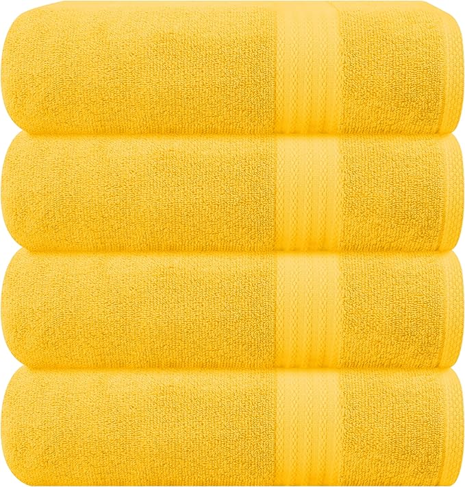 GLAMBURG Premium Cotton 4 Pack Bath Towel Set - 100% Pure Cotton - 4 Bath Towels 27x54 - Ideal for Everyday use - Ultra Soft & Highly Absorbent - Mustard Yellow