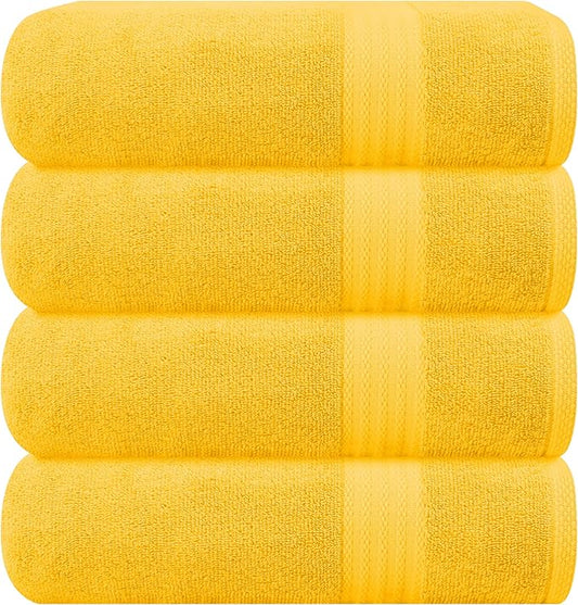 GLAMBURG Premium Cotton 4 Pack Bath Towel Set - 100% Pure Cotton - 4 Bath Towels 27x54 - Ideal for Everyday use - Ultra Soft & Highly Absorbent - Mustard Yellow