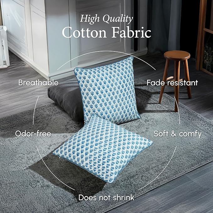 CPC 100% Cotton Throw Pillow Covers 20x20 Inch, Set of 2 Blue Block Print Pattern Couch Pillow, Cute Boho Decorative Pillows for Living Room, Bedroom with Hidden Zipper- Apatite Blue