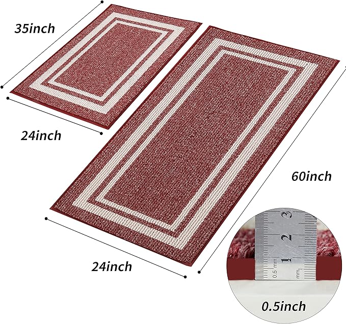 COSY HOMEER Kitchen Rugs Non-Slip 24x35/24x60 Inch Thick Polypropylene Standing Mat for Home Machine Washable, Red Frame