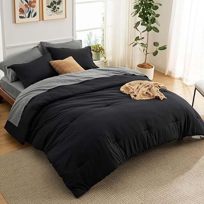 Bedsure Twin XL Comforter Set - Extra Long 5 Pieces Black Twin XL Bedding Set for All Seasons, Boho Contrasting Design Bed in a Bag with Comforter, Sheets, Pillowcase & Sham