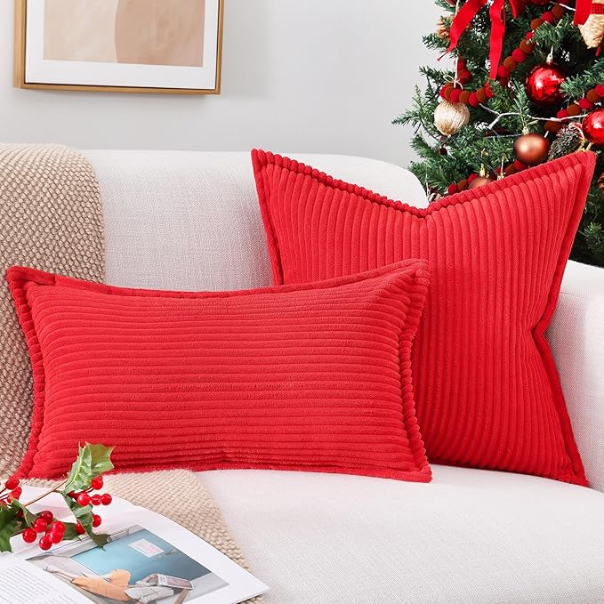 Mecatny Corduroy Throw Pillow Covers 20x20 Set of 2, Neutral Decorative Soft Boho Couch Pillow Covers with Broadside for Sofa Living Room, Red