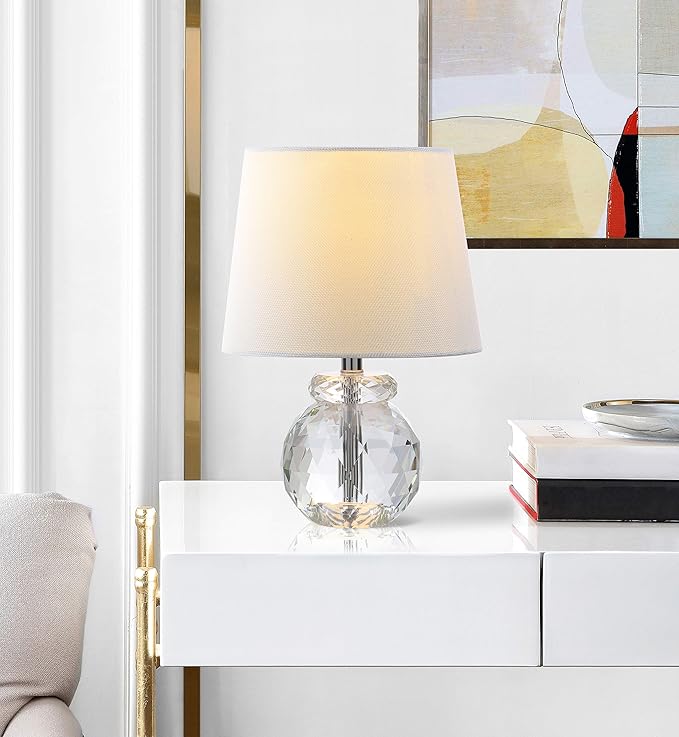 SAFAVIEH Lighting Collection Eunice Modern Glam Clear Crystal 13-inch Bedroom Living Room Home Office Desk Nightstand Round Table Lamp (LED Bulb Included)