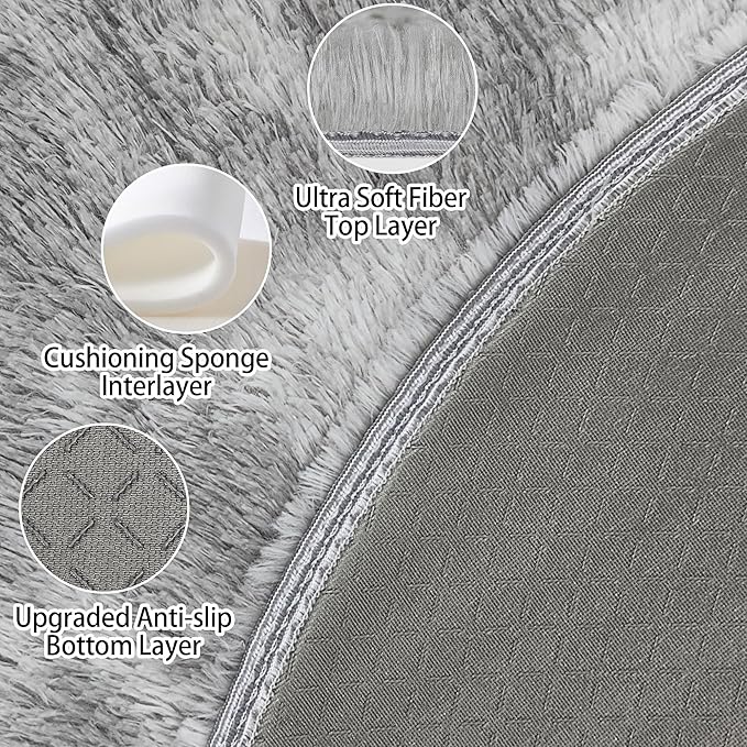 4x4 ft Tie Dye Grey Round Rug for Bedroom Room Fluffy Circle Rug Furry Carpet Shaggy Circular Fuzzy Washable Non-Slip Large Area Rug Soft Indoor for Living Room Cute Aesthetic Home Decor