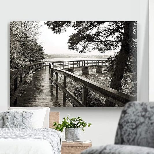 Renditions Gallery Nature Home Decor Landscape View of Rainy Forest Bridge along the River Side Wall Hanging Artwork for Bedroom Living Room Office - 12"X18" LT08