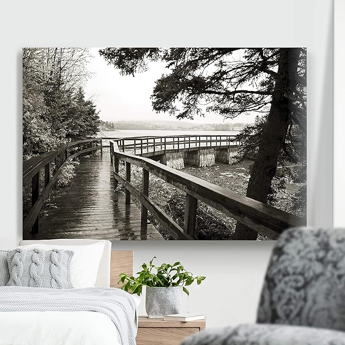 Renditions Gallery Nature Home Decor Landscape View of Rainy Forest Bridge along the River Side Wall Hanging Artwork for Bedroom Living Room Office - 24"X36" LT08