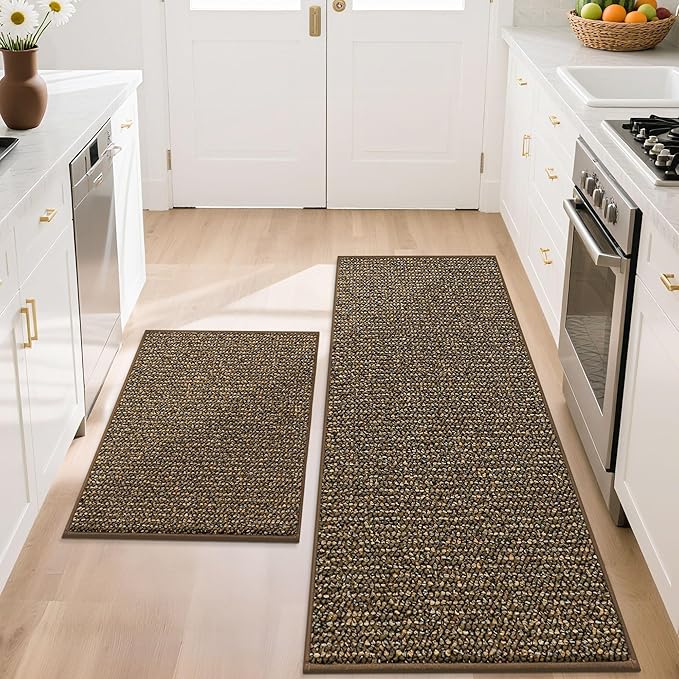 BEQHAUSE Kitchen Rugs and Mats 2PCS, Non-Slip Kitchen Mats for Floor, Absorbent and Stain Resistant Kitchen Runner, Machine Washable Rugs for Kitchen, Laundry & Sink, 20"x32"+20"x48", Brown