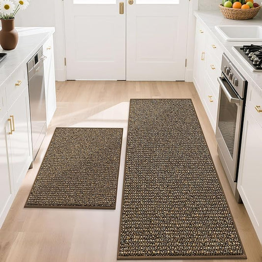 BEQHAUSE Kitchen Rugs and Mats 2PCS, Non-Slip Kitchen Mats for Floor, Absorbent and Stain Resistant Kitchen Runner, Machine Washable Rugs for Kitchen, Laundry & Sink, 20"x32"+20"x48", Brown