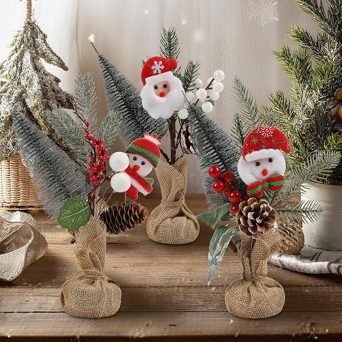 winemana 6 Pcs Small Christmas Tree Table Decorations Indoor, Mini Artificial Trees Plants with Pine Cones Santa Snowman for Tabletop Centerpiece Office Home Kitchen Xmas Holiday Decor