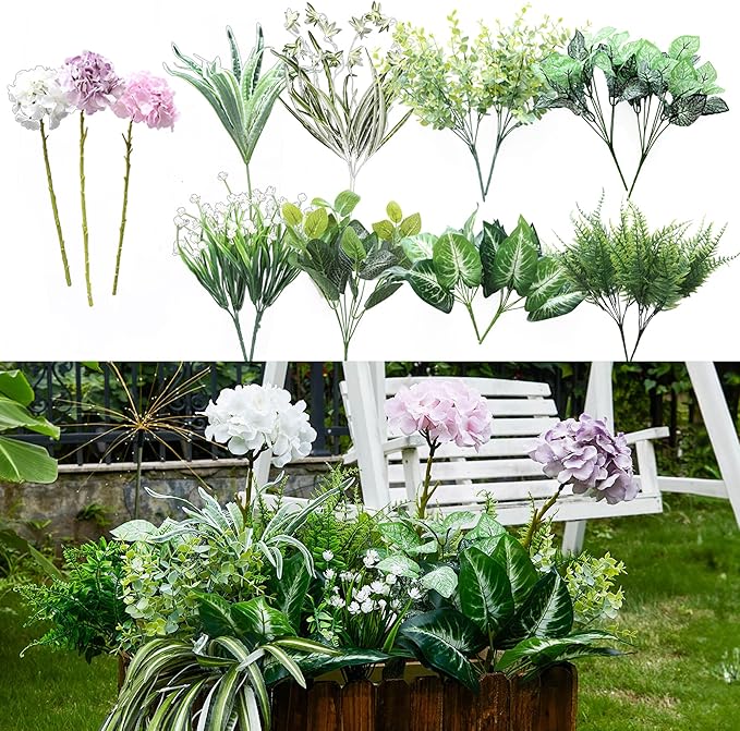 PARTY JOY 18 Bunches Fake Plants Outdoor, Fake Bushes UV Resistant Artificial Flowers Hydrangea Flowers Greenery Shrubs Faux Greenery for Outdoor Garden Patio Front Porch Yard Decor