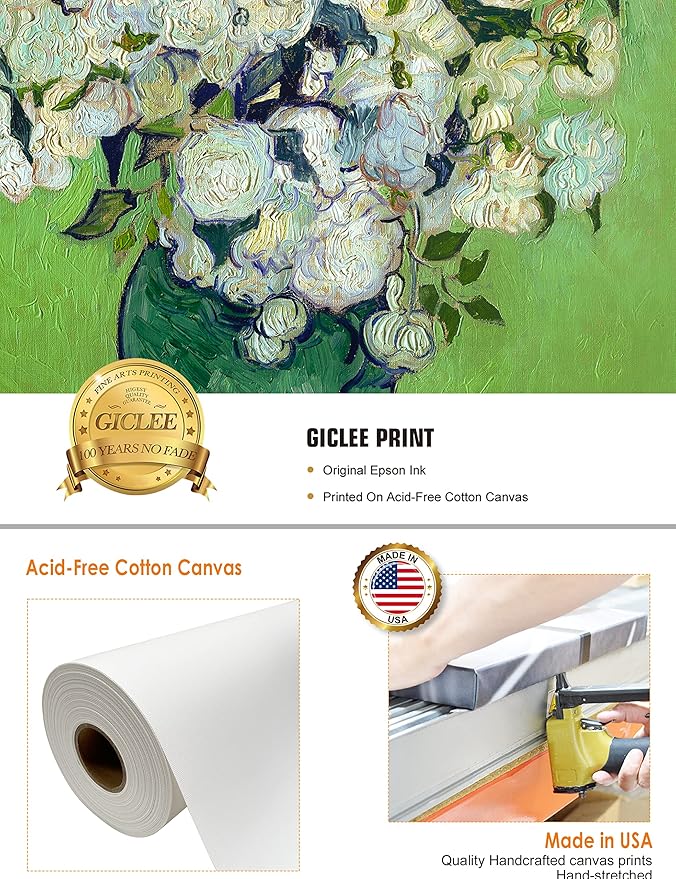 DECORARTS - Pink Roses in a Vase, Vincent Van Gogh Art Reproduction. Giclee Canvas Prints Wall Art for Home Decor 30x24