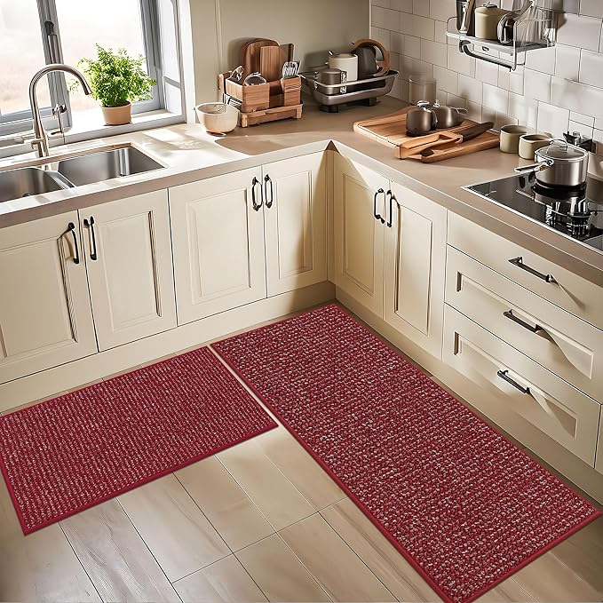 BEQHAUSE Kitchen Rugs and Mats 2PCS, Non-Slip Kitchen Mats for Floor, Absorbent and Stain Resistant Kitchen Runner, Machine Washable Rugs for Kitchen, Laundry & Sink, 24"x36"+24"x60", Red