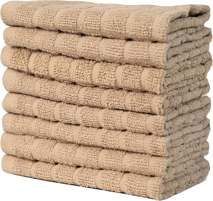 Premium Dish Towels (12”x 12”, 8 Pack) | Cotton Kitchen Hand Towels | Kitchen Towels | Highly Absorbent Tea Towels Set | Tan