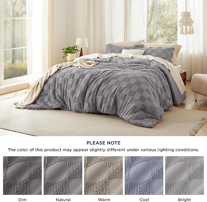 Bedsure Queen Size Comforter Set Grey, Boho Tufted Bed Set, Checkered Farmhouse Shabby Chic Bedding, 3 Pieces, 1 Plaid Geometric Comforter and 2 Pillow Shams