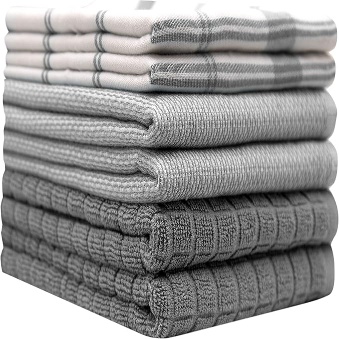 Premium Kitchen Towels (20”x 28”, 6 Pack) – Large Cotton Kitchen Hand Towels – Flat & Terry Towel – Highly Absorbent Tea Towels Set with Hanging Loop (Grey Check)
