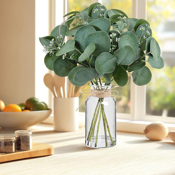 14" Artificial Eucalyptus Stems in Glass Vase with Faux Water, Realistic Eucalyptus Leaves Fake Plant Branch Greenery Decoration for Home Farmhouse Bathroom Kitchen Wedding Centerpiece Table Décor