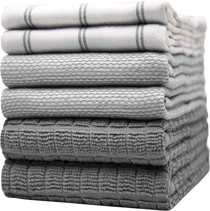 Premium Kitchen Towels (20”x 28”, 6 Pack) – Large Cotton Kitchen Hand Towels – Flat & Terry Towel – Highly Absorbent Tea Towels Set with Hanging Loop (Grey Check)