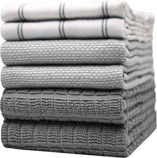 Premium Kitchen Towels (20”x 28”, 6 Pack) – Large Cotton Kitchen Hand Towels – Flat & Terry Towel – Highly Absorbent Tea Towels Set with Hanging Loop (Grey Check)