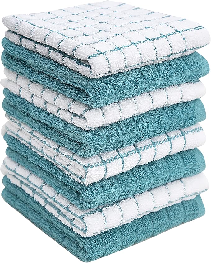 Bumble Dish Cloths (8 Pack) - 100% Cotton Dish Rags & Kitchen Washcloths for Washing Dishes | 12" x 12" | 405 GSM | Aqua