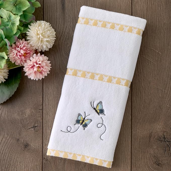 SKL Home Dancing Butterflies Hand Towel 2pc Set for Bath/Kitchen/Bar & Gift, White