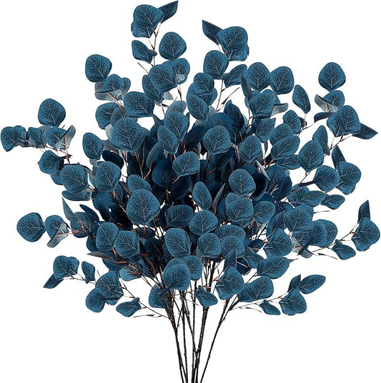 Sggvecsy 6 Pcs Eucalyptus Leaves Artificial Eucalyptus Stems Long Silver Dollar Leaves Faux Leaf Branches Fake Silk Eucalyptus for Spring Summer Home Festival Thanksgiving Christmas Decor (Blue)