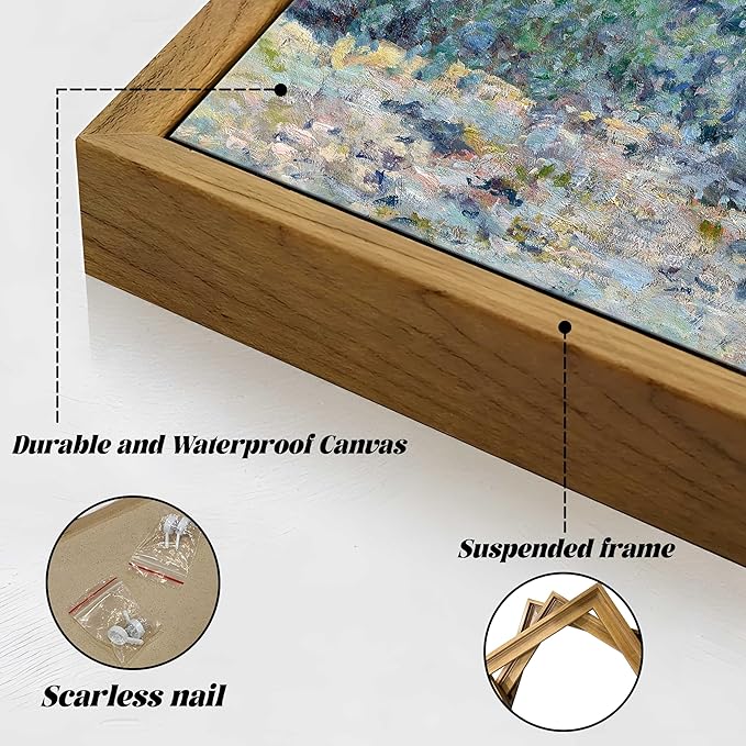 Vintage Framed Monet Wall Art – Impressionist Blue Green Forest Oil Painting Canvas Prints – Tranquil Nature Hillside Landscape Aesthetic Wall Decor for Living Room Bedroom Bathroom – 16"x24"