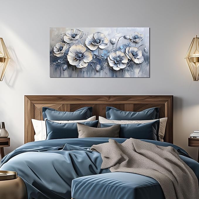 AOZEMI Flower Wall Decor for Bedroom White Canvas Wall Art Blue Wall Picture Artwork for Living Room Office 20" x 40"