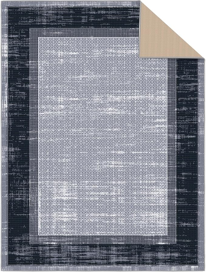 Ottomanson 5' x 6'6" Rugs for Living Room Border Area Rug for Bedroom - Non Slip Durable Large Floor Carpet for High Traffic Areas - Indoor Rug for Dining Room Kitchen Kids Playroom, Gray/Navy