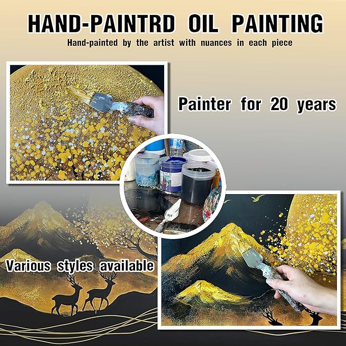 CIRABKY Moon Hand Painted Wall Art for Bedroom - Tree Black and Gold Canvas Wall Decor for Living Room Large Size - Black Frames Artwork Size 29" x 59"