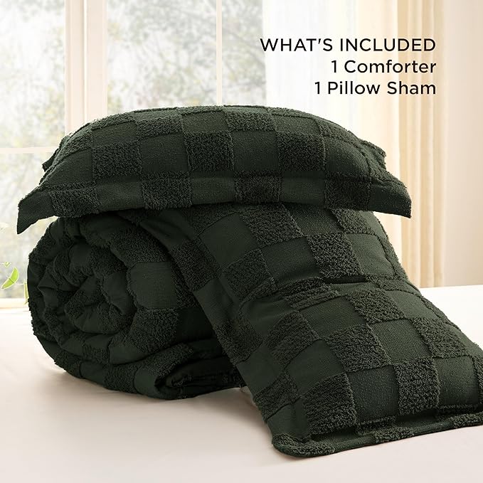 Bedsure Twin/Twin XL Size Comforter Set Dark Olive Green, Boho Tufted Bed Set, Checkered Farmhouse Shabby Chic Bedding, 2 Pieces, 1 Plaid Geometric Comforter and 1 Pillow Sham