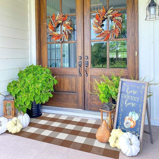 KOZYFLY Buffalo Plaid Area Rugs 2x4.3 Ft Coffee and White Checkered Rug Washable Front Door Mat Hand Woven Cotton Outdoor Rug Small Rug for Front Porch Kitchen Entryway Patio Bathroom