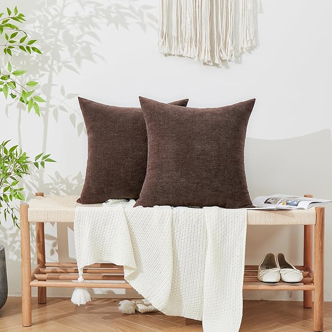 GAWAMAY Decorative Square Throw Pillow Covers 20"x20" Inch Set of 2, Super Soft Chenille Pillows Farmhouse Fall Pillowcase for Living Room Bedroom Sofa Couch Cushion Cover Coffee 50x50cm (No Inserts)