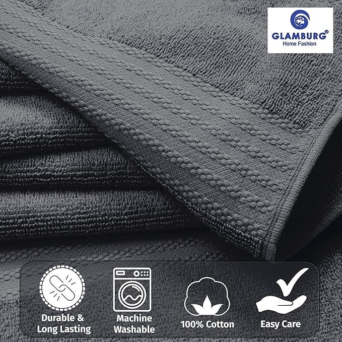 GLAMBURG Ultra Soft 8-Piece Towel Set - 100% Pure Ringspun Cotton, Contains 2 Oversized Bath Towels 27x54, Hand 16x28, 4 Wash Cloths 13x13 Ideal for Everyday use, Hotel & Spa -Charcoal Grey