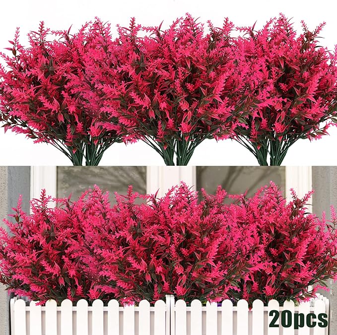 Artificial Plants Outdoor Artificial Lavender Flowers 20 Bundles Outdoor UV Resistant Fake Flowers No Fade Faux Plastic Plants Garden Porch Window Box Decorating,Spring Decorations for Home(Pink)