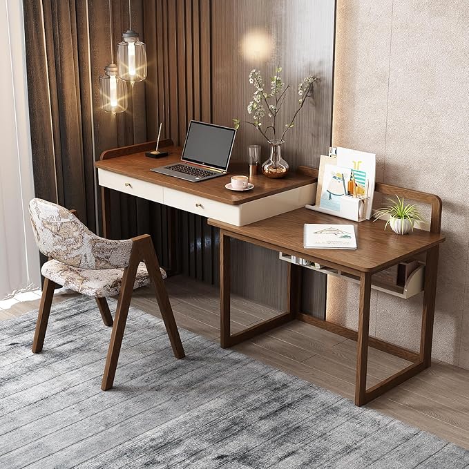 Lartis Extendable to 70" Solid Wood Desk, Storage Study Table with Side Unit, Multifunctional Workbench, Modern Office and Study Computer Desk