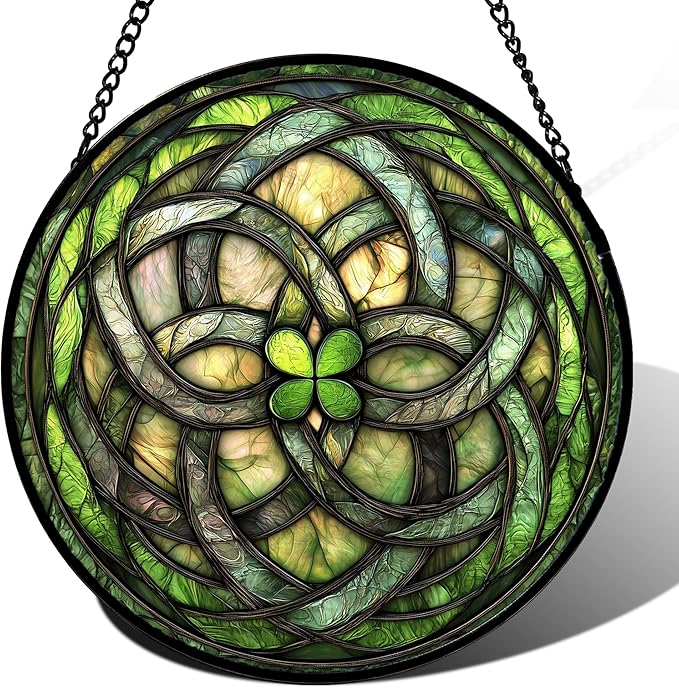 Stained Glass Window Hanging, Abstract Green Clover Sun Catchers Colorful Glass Panel Bless Suncatcher Decor for Birthday for Women, Men, Wife, Aunt, and Mom 14.9x14.9 in