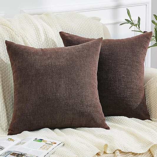 GAWAMAY Decorative Square 16x16 Inch Throw Pillow Covers Set of 2, Super Soft Chenille Pillows Farmhouse Fall Pillowcase for Living Room Bedroom Sofa Couch Cushion Cover Coffee 40x40cm (No Inserts)