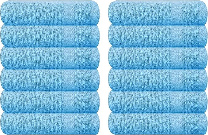 GLAMBURG Ultra Soft 12-Piece Washcloths Set 13x13-100% Ringspun Cotton - Durable & Highly Absorbent Face Towels - Ideal for use in Bathroom, Kitchen, Gym, Spa & General Cleaning - Sky Blue