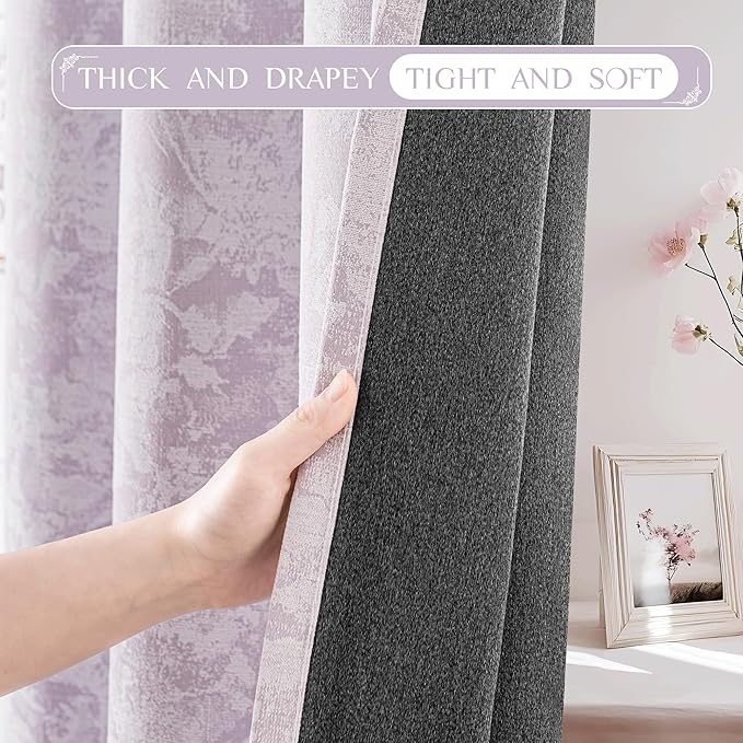 Beauoop Purple Floral Jacquard Blackout Curtains 84 Inches Long 2 Panels for Bedroom Living Room Chenille Flower Room Darkening Thermal Insulated Soundproof Grommet Window Treatments Drapes, 52x84