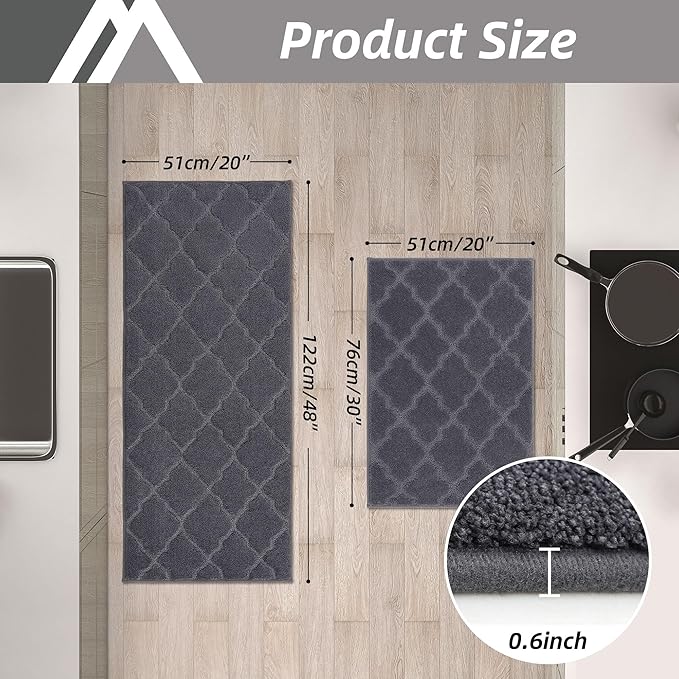 COSY HOMEER Soft Kitchen Rugs [2 PCS] for in Front of Sink Super Absorbent Kitchen Floor Mats and Mats 20x30 Inch/20X48 Non-Skid Kitchen Mat Standing Mat Washable,Polyester,Dark Grey