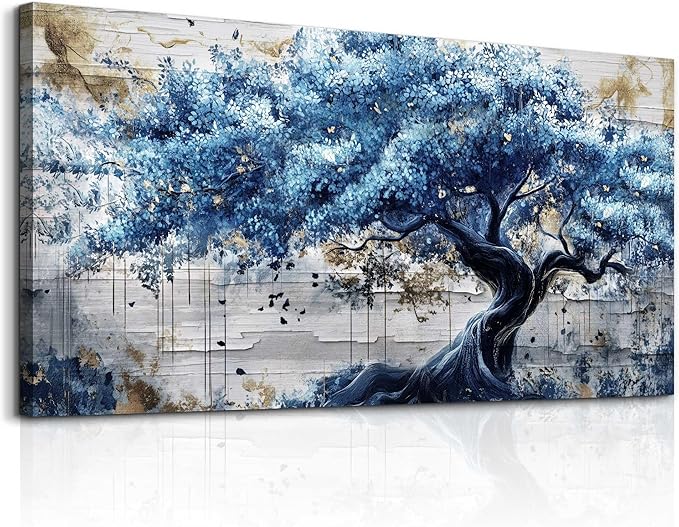 ERQINHUA Blue Tree Wall Paintings Canvas Wall Art For Living Room Large Wall Decor For Bedroom Office Decorations Farmhouse Abstract Watercolour Pictures Artwork Home Decor Ready To Hang 20"X40"