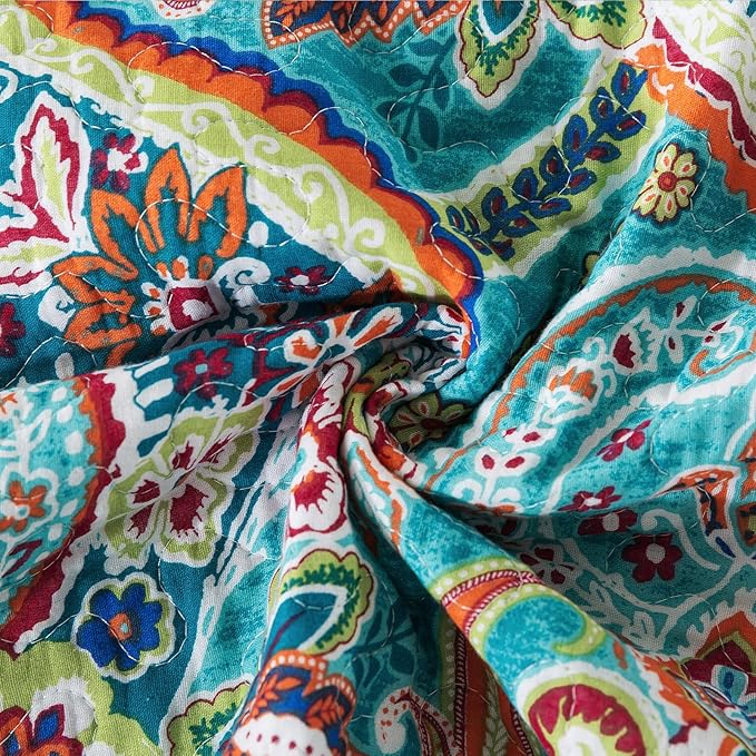 VAPUTAR Quilt Queen Bedding Set - Soft Cotton Quilts with Paisley Floral Pattern - Lightweight Reversible Bedspreads for Farmhouse (3 Pieces, Bright Teal)