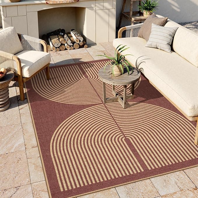 Lahome Modern Rainbow Easy Jute Outdoor Rug 5x7, Stain Resistant Red Dining Room Patio Rug, Farmhouse Non Slip Non Shedding Indoor Outdoor Carpet for Living Room Home Office Bedroom Deck Backyard
