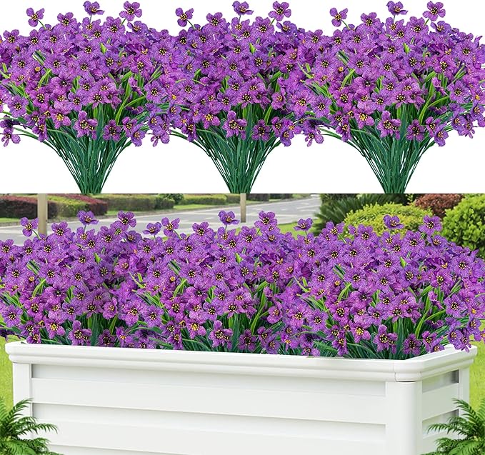 Lnoicy 24 Pcs Artificial Flowers for Outdoor,Plastic Flowers Decoration, UV Resistant Faux Flowers Shrubs, Artificial Plants for Indoor Outside Garden Home Wedding Farmhouse（Purple