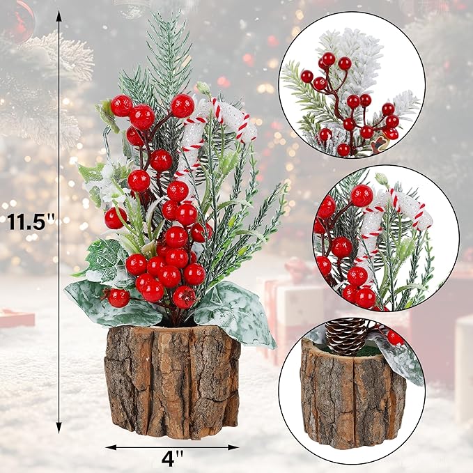 winemana 3 Pack Mini Christmas Trees Table Decorations, 11.5 Inch Small Artificial Xmas Tree Centerpieces with Red Berries & Pine Cones for Home, Office, Tabletop, Indoor Holiday Party Decor