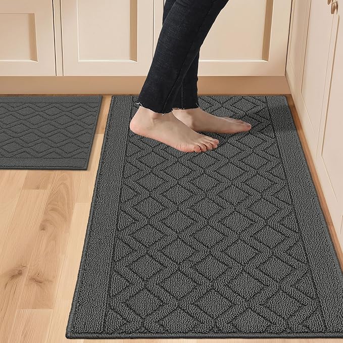 COSY HOMEER 48x20 Inch/30X20 Inch Kitchen Rug Mats Made of 100% Polypropylene 2 Pieces Soft Kitchen Mat Specialized in Anti Slippery and Machine Washable (Grey)