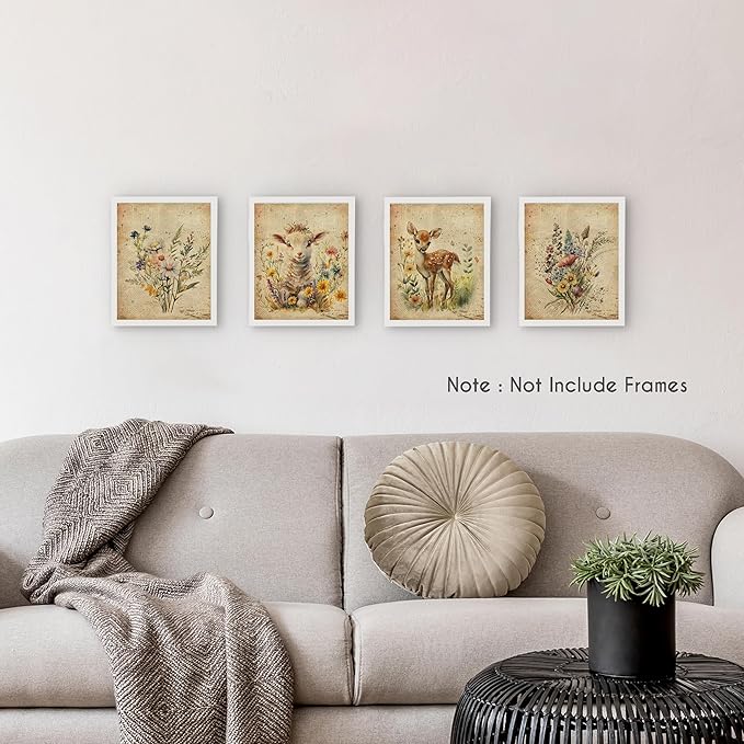 HRQKO Vintage Wildflower Animal Wall Art Poster Prints Set of 4, Botanical Wall Art, Wildflower Artwork Printing Posters Wall Decor, Farm Deer Lamb Decor for Living Room Bedroom 8”x10” Unframed
