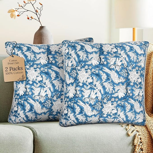 CPC 100% Cotton Throw Pillow Covers 24x24 Inch, Set of 2 Blue Block Print Pattern Couch Pillow, Cute Boho Decorative Pillows for Living Room, Bedroom with Hidden Zipper- Blue Sapphire