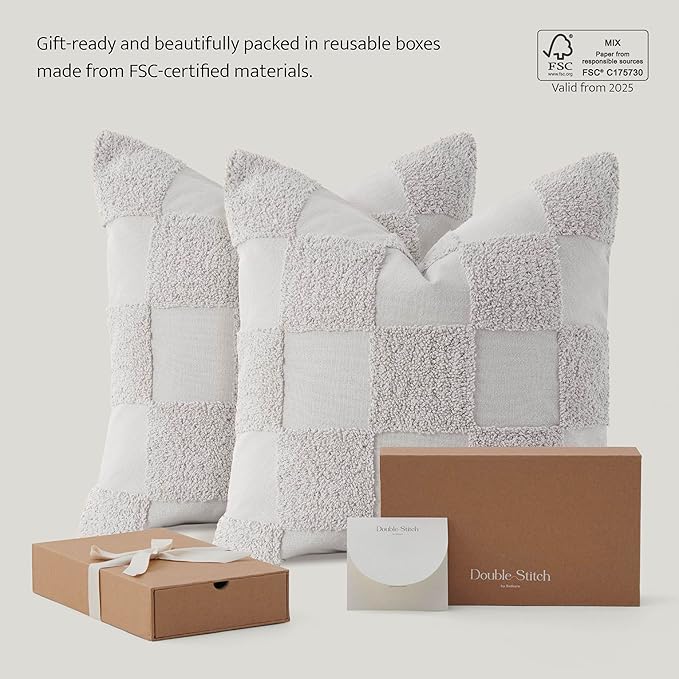 Double Stitch Checkered Throw Pillow Covers - 100% Cotton Set of 2 Tufted Boho Decorative Pillow Covers 20x20, Made in India, Square Cushion Case, Modern Home Decor for Couch, Sofa, Winter Sky